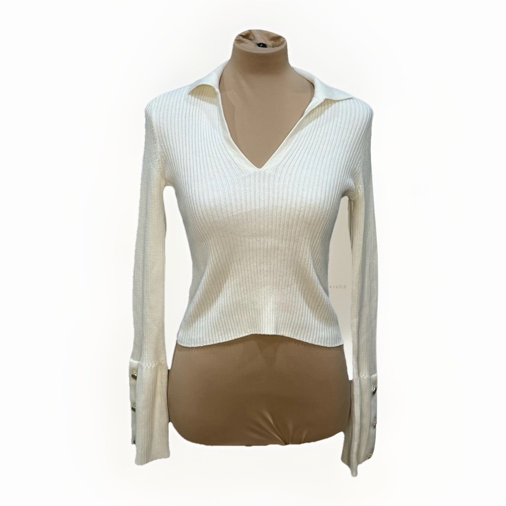 Anthropologie‎ Maeve XS Ribbed Babydoll Top Cream Bell Sleeve Parisian Romantic
